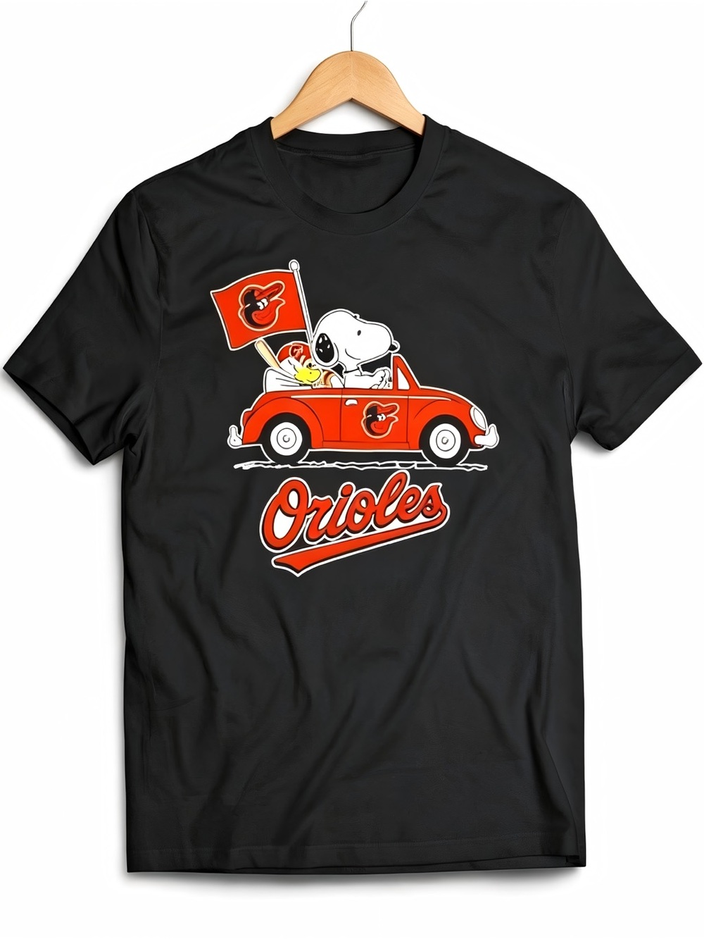 Snoopy Drives Car With Baltimore Orioles Flag Sports Fan Graphic T-shirt Unisex